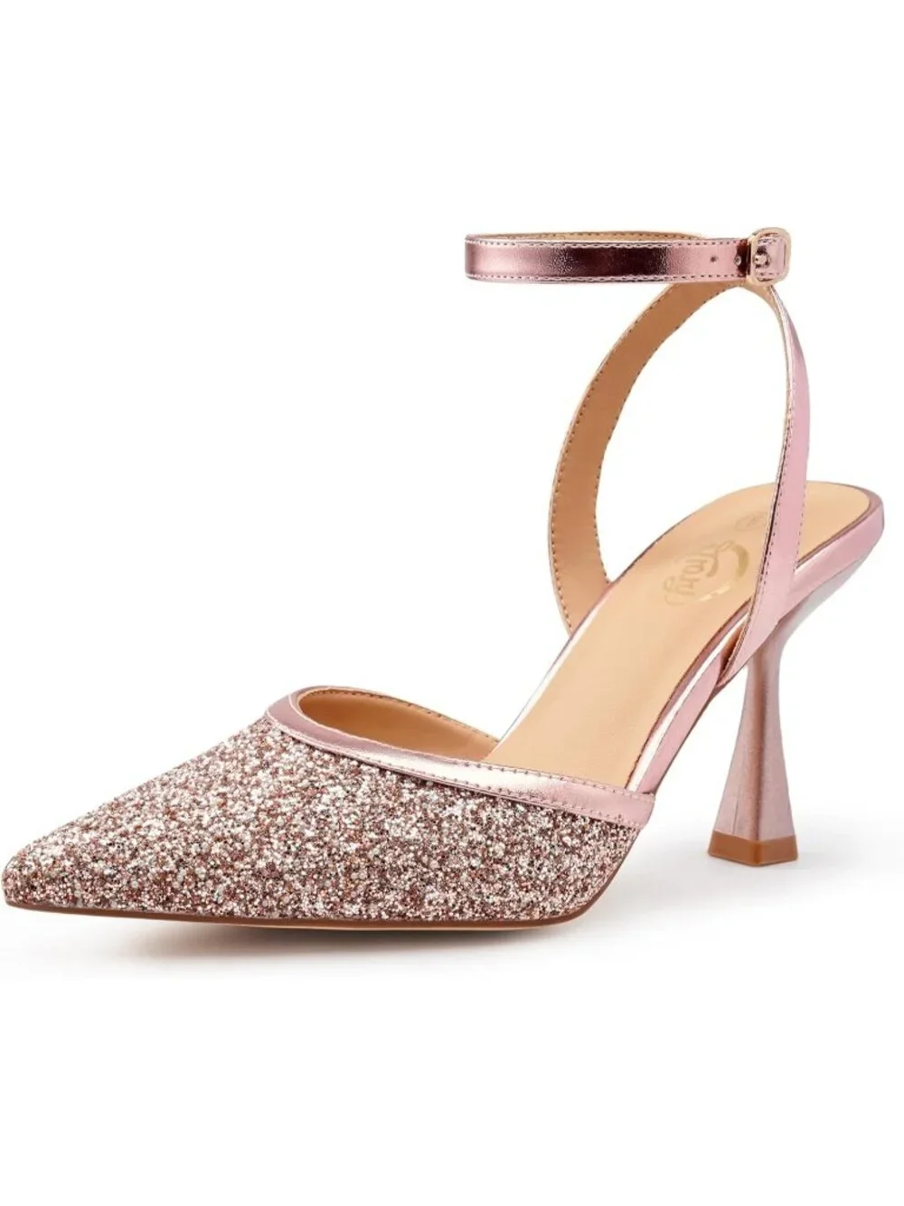 Women's Rose Gold Slingback Pointed Toe Stiletto Heels Ankle Strap Dress Shoes